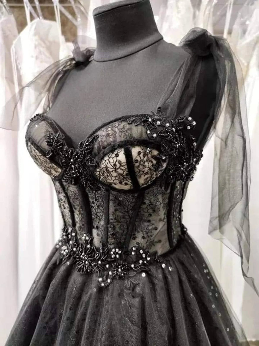 Glitter Lace Tulle Sweetheart Corset Court Black Wedding Dress Glitter Lace Tulle Sweetheart Corset Court Black Wedding Dress