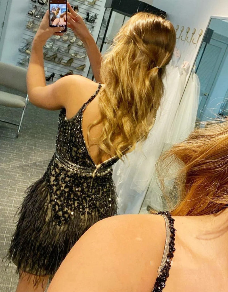 Glitter V Neck Black Tassel Straps V Back Homecoming Wedding