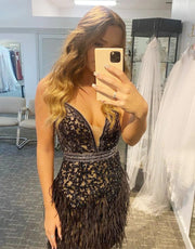 Glitter V Neck Black Tassel Straps V Back Homecoming Wedding