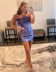 Glitter Strapless Lilac Sequin Mini Homecoming Dress Feather
