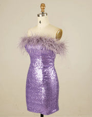 Glitter Strapless Lilac Sequin Mini Homecoming Dress Feather