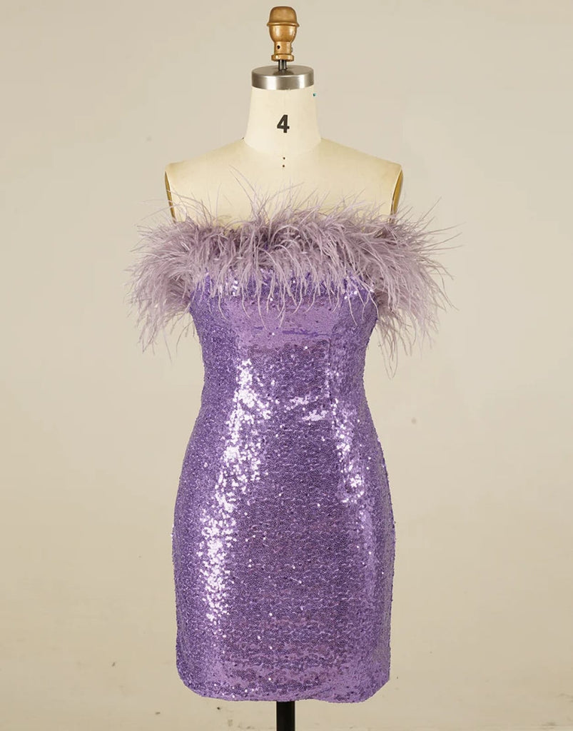 Glitter Strapless Lilac Sequin Mini Homecoming Dress Feather
