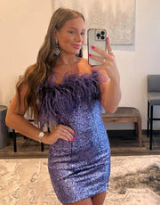 Glitter Strapless Lilac Sequin Mini Homecoming Dress Feather