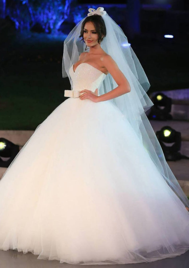 Glitter Strapless Sweetheart Tulle Ball Gown Wedding Dress