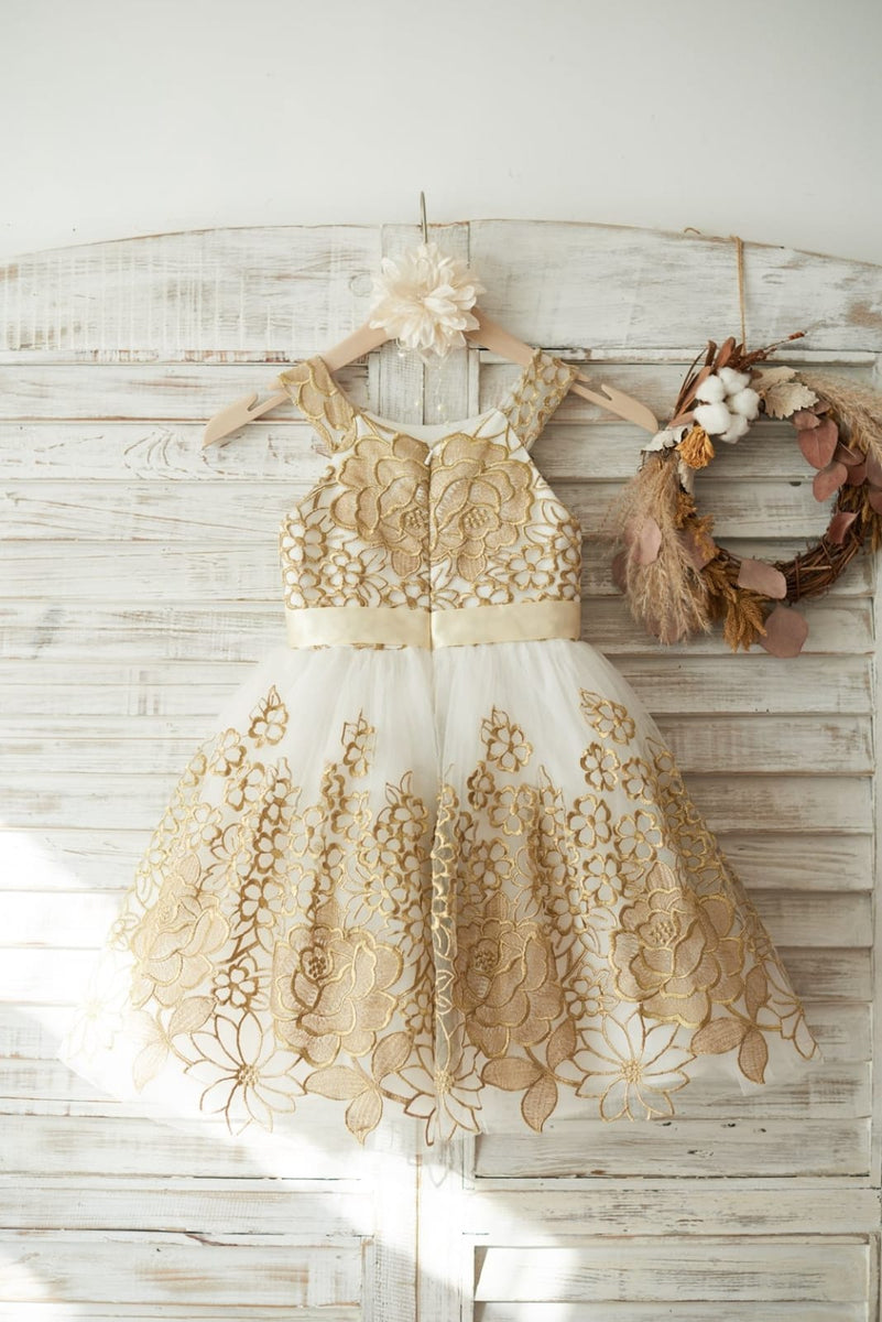 Gold Lace Ivory Tulle Straps Wedding Flower Girl Dress 2T