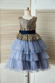 Gold Sequin Blue Cupcake Tulle Wedding Flower Girl Dress