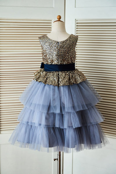 Gold Sequin Blue Cupcake Tulle Wedding Flower Girl Dress 