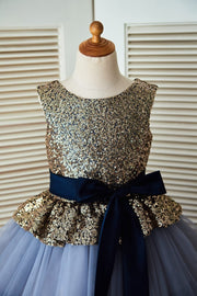 Gold Sequin Blue Cupcake Tulle Wedding Flower Girl Dress