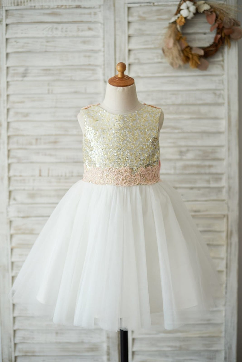 Gold Sequin Ivory Tulle V Back Wedding Flower Girl Dress, Lace Belt 3T Gold Sequin Ivory Tulle V Back Wedding Flower Girl Dress, Lace Belt 3T