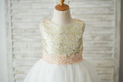 Gold Sequin Ivory Tulle V Back Wedding Flower Girl Dress 