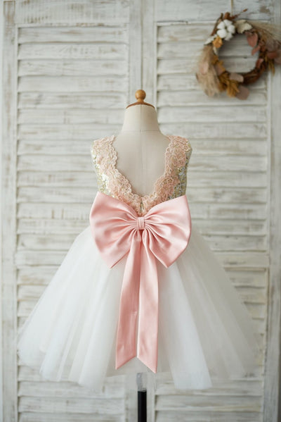 Gold Sequin Ivory Tulle V Back Wedding Flower Girl Dress