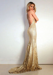Sequined Prom Dress Trumpet/Mermaid V-Neck Court Train