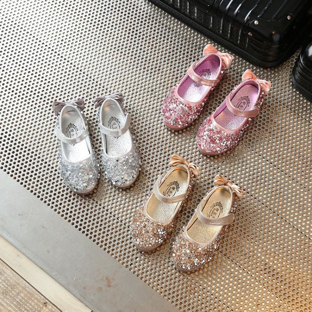 Gold / Silver / Pink Leather Bow Sequin Flower Girl Shoes