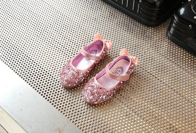 Gold / Silver / Pink Leather Bow Sequin Flower Girl Shoes 