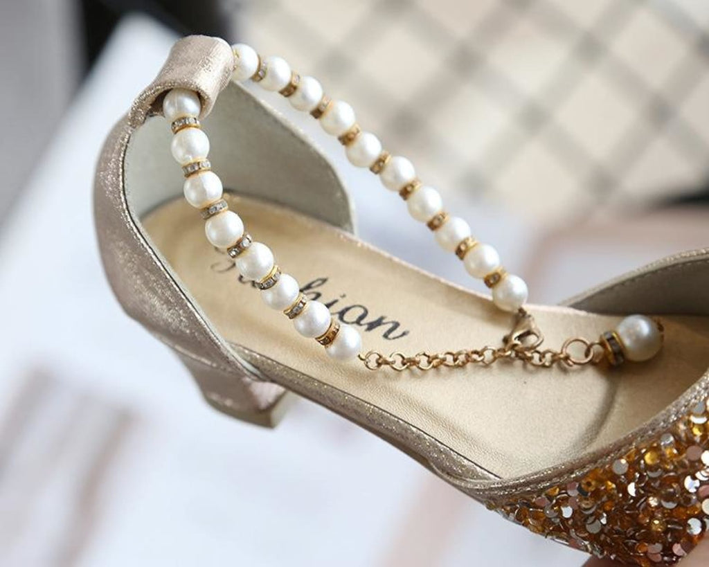 Gold / Silver Sequin Pearls Wedding Flower Girl Shoes
