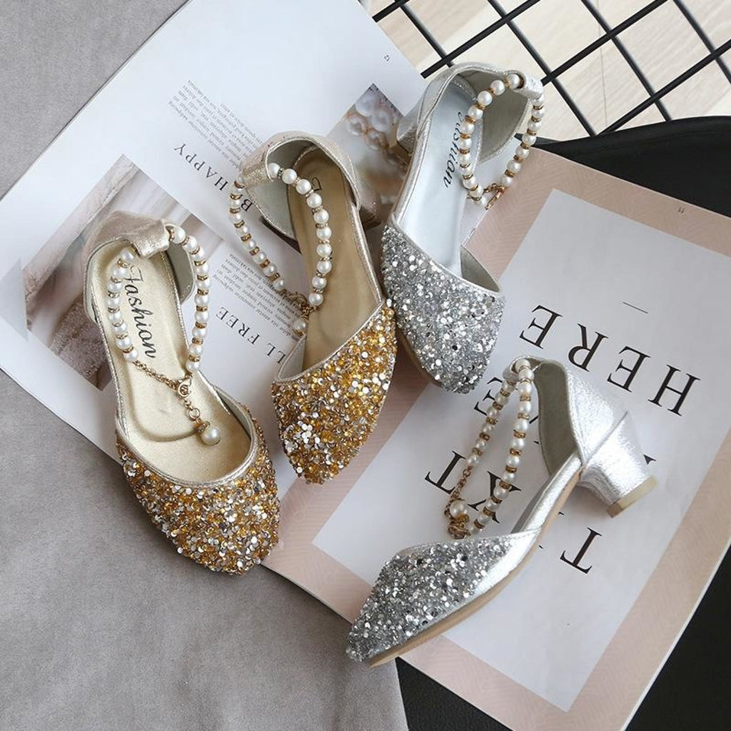 Gold / Silver Sequin Pearls Wedding Flower Girl Shoes
