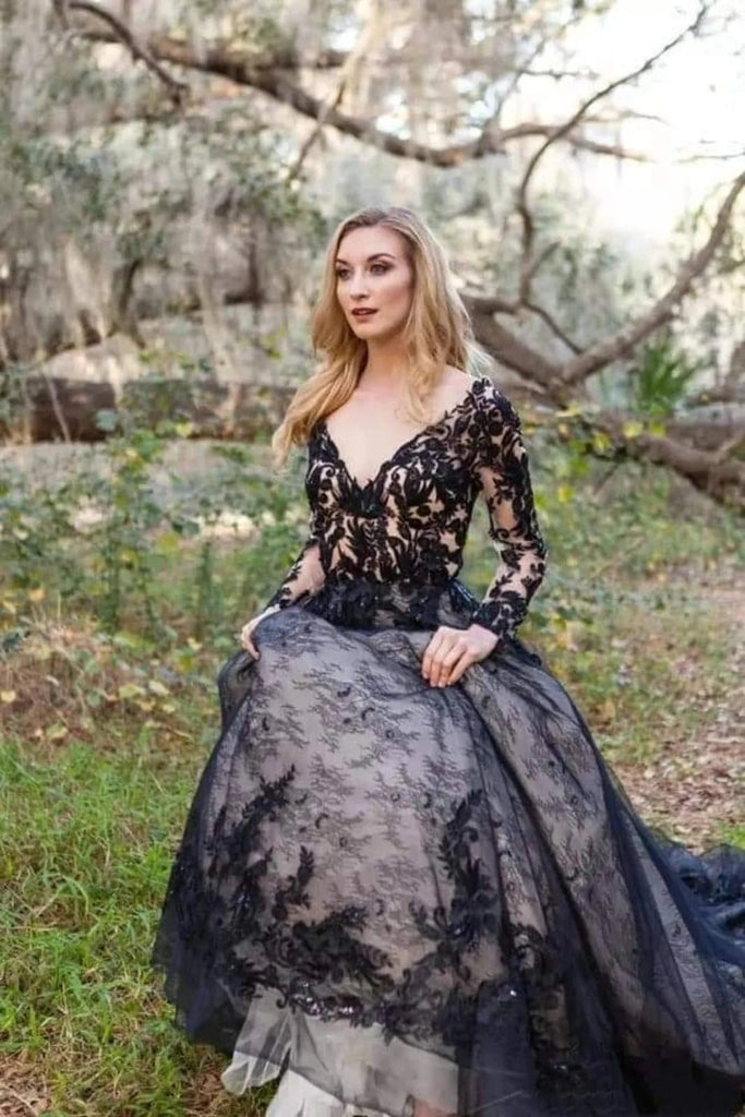 Gothic A-line V Neck Long Sleeve Chapel Black Lace Wedding