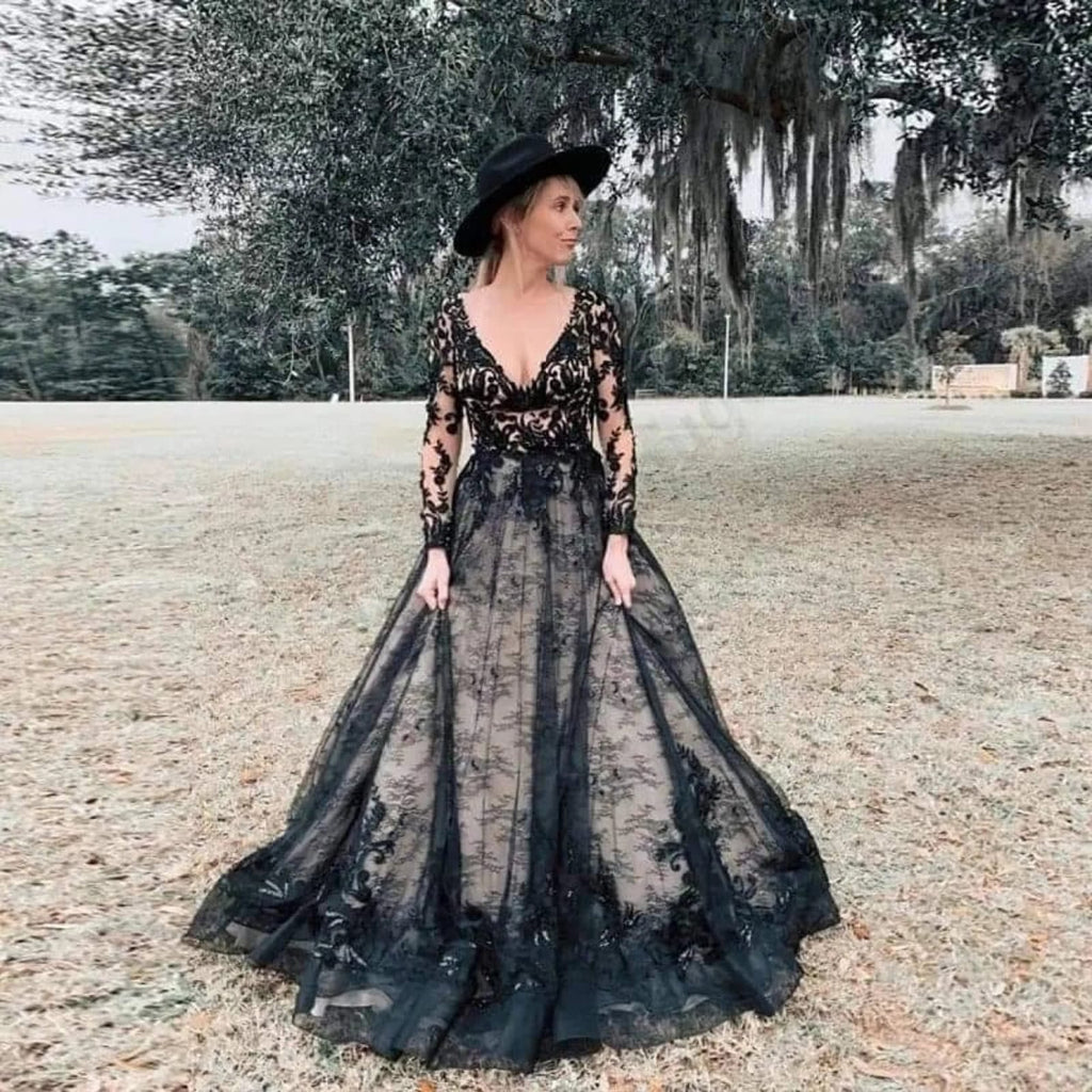 Gothic A-line V Neck Long Sleeve Chapel Black Lace Wedding
