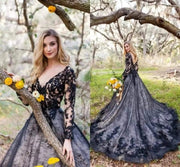Gothic A-line V Neck Long Sleeve Chapel Black Lace Wedding