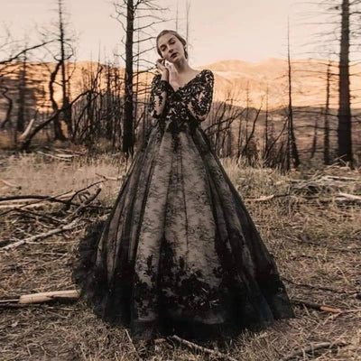 Gothic A-line V Neck Long Sleeve Chapel Black Lace Wedding