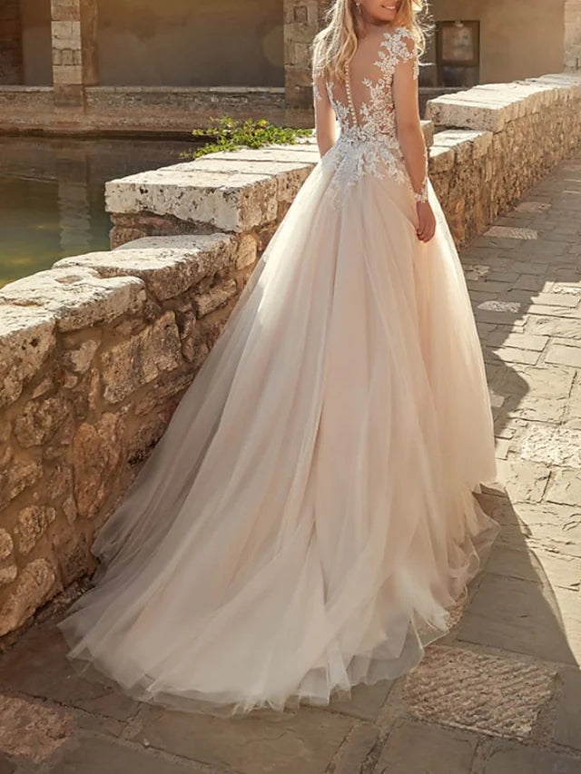 V-neck Long Sleeves Lace Top Champagne Tulle Wedding Dresses V-neck Long Sleeves Lace Top Champagne Tulle Wedding Dresses