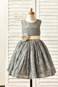 Gray Lace Flower Girl Dress, Champagne Sash / Flower