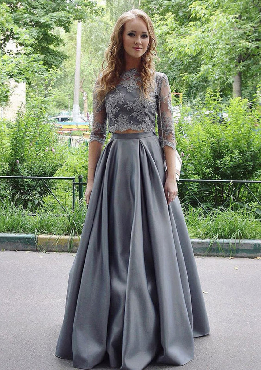 Gray Satin Prom Gown Lace A-Line 3/4 Sleeve Floor-Length 2 Piece Set Dress Gray Satin Prom Gown Lace A-Line 3/4 Sleeve Floor-Length 2 Piece Set Dress
