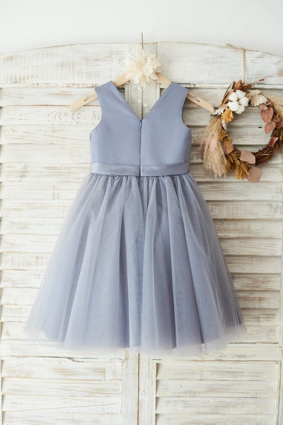 Gray Satin Tulle V Neckline Wedding Flower Girl Dress with
