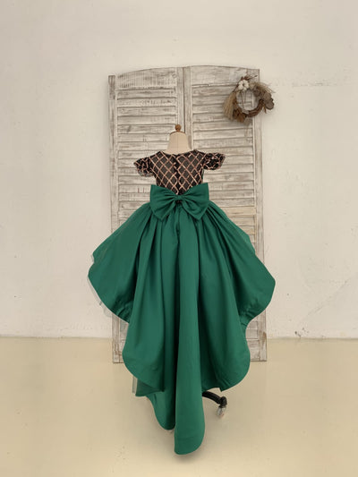 Hi-Low Green Satin Rose Gold Sequin Tulle Cap Sleeves