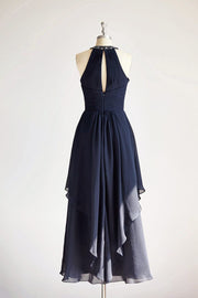 Halter Navy Blue Beaded Chiffon Long Wedding Bridesmaid