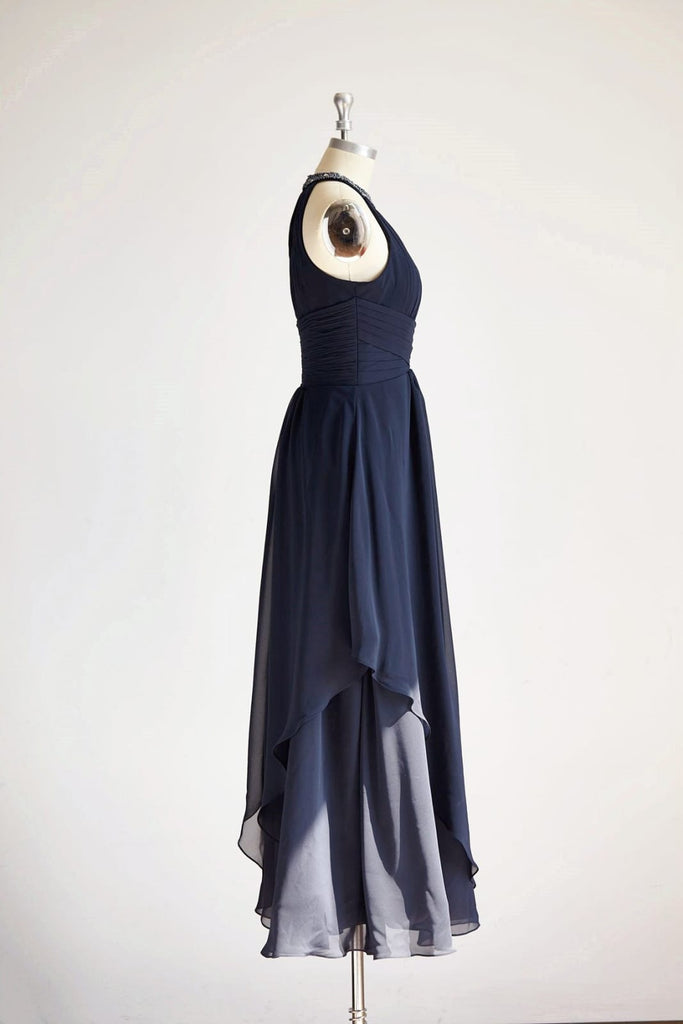 Halter Navy Blue Beaded Chiffon Long Wedding Bridesmaid