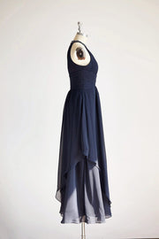 Halter Navy Blue Beaded Chiffon Long Wedding Bridesmaid