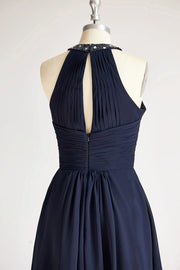 Halter Navy Blue Beaded Chiffon Long Wedding Bridesmaid 