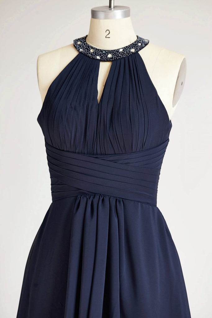 Halter Navy Blue Beaded Chiffon Long Wedding Bridesmaid