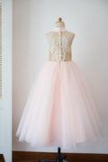 Halter Neckline Ivory Lace Pink Tulle Sheer Back Wedding Flower Girl Dress