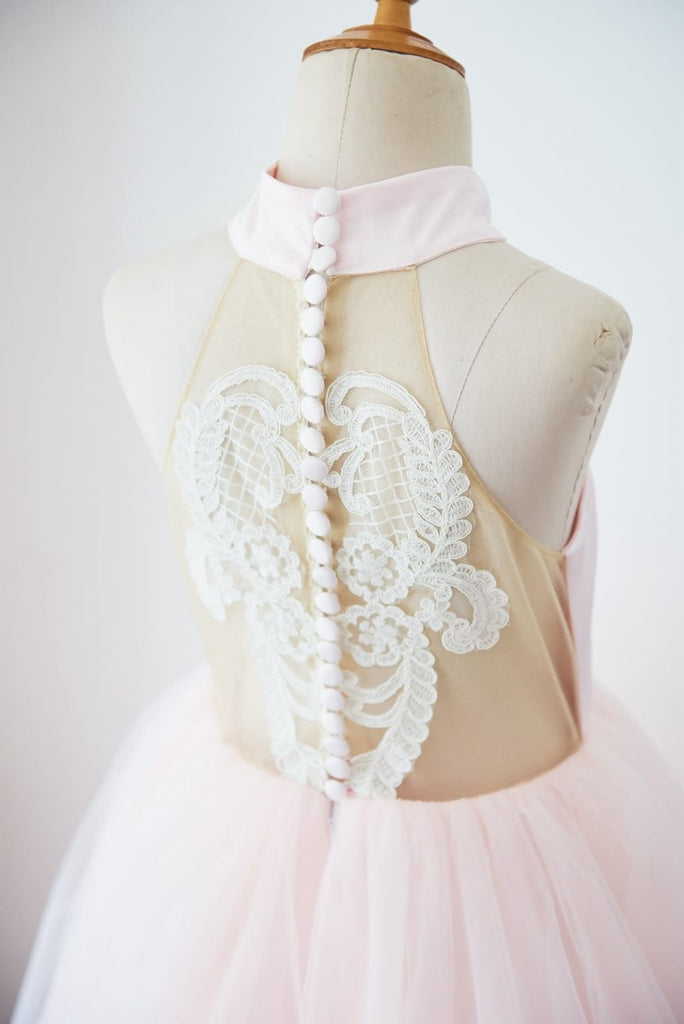 Halter Neckline Ivory Lace Pink Tulle Sheer Back Wedding