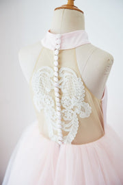 Halter Neckline Ivory Lace Pink Tulle Sheer Back Wedding