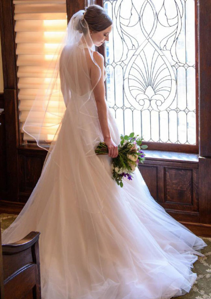 Halter Open Back Sleeveless A-line Court Tulle Wedding Dress