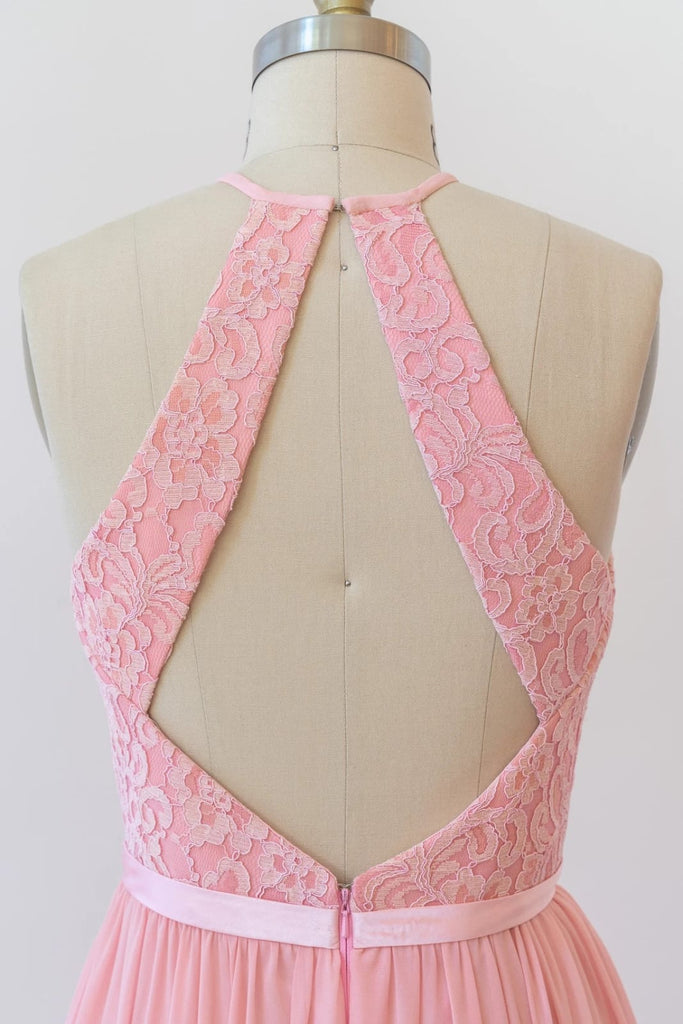 Halter Sleeveless Lace Chiffon Cut-out Long Pink Bridesmaid