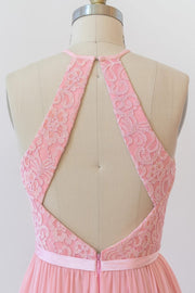 Halter Sleeveless Lace Chiffon Cut-out Long Pink Bridesmaid
