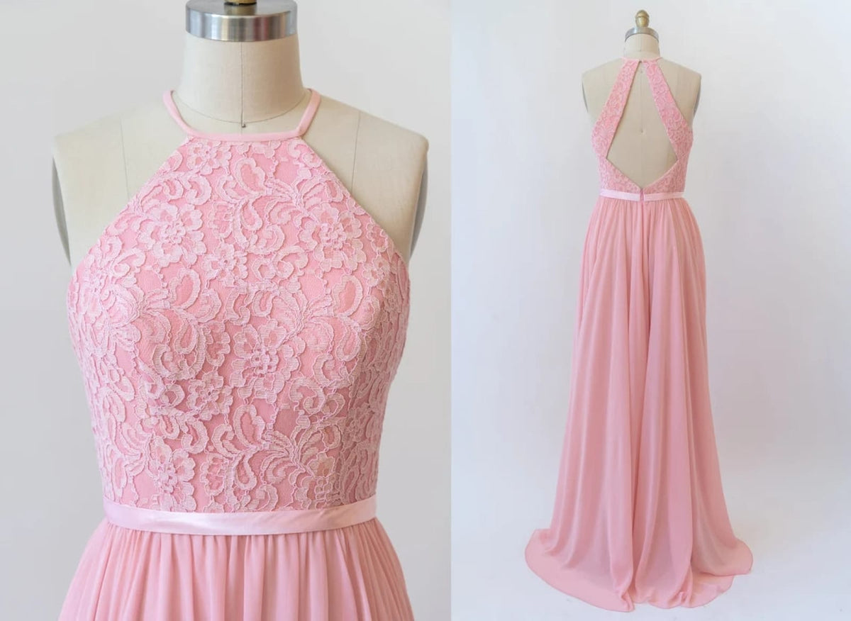 [LALAFOX]CUT OUT ROSE SLEEVELESS/追跡付 Halter Sleeveless Lace Chiffon Cut-out Long Pink Bridesmaid