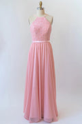 Halter Sleeveless Lace Chiffon Cut-out Long Pink Bridesmaid Dress