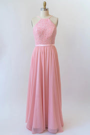 Halter Sleeveless Lace Chiffon Cut-out Long Pink Bridesmaid