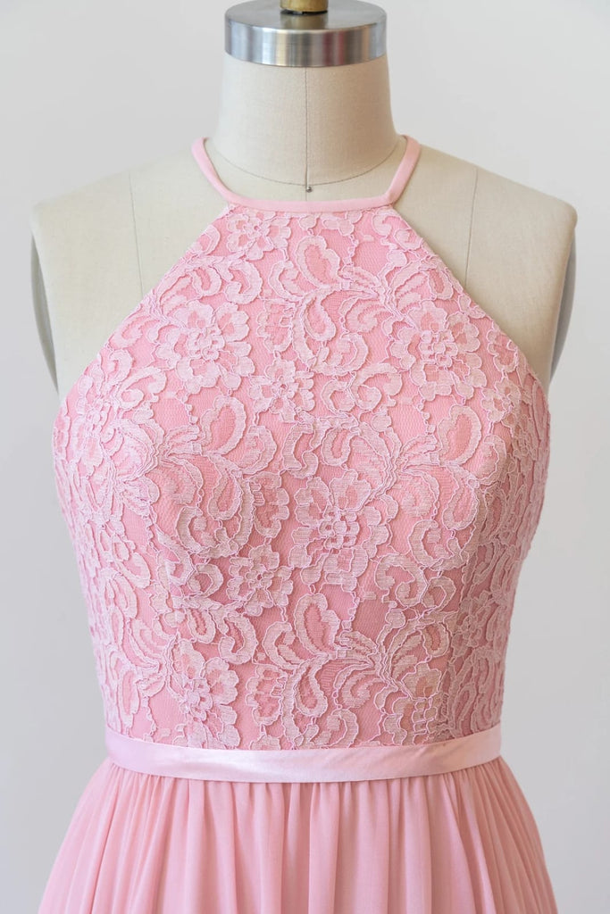 Halter Sleeveless Lace Chiffon Cut-out Long Pink Bridesmaid