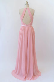Halter Sleeveless Lace Chiffon Cut-out Long Pink Bridesmaid