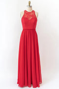 Halter Sleeveless Lace Chiffon Long Red Bridesmaid Dress, Braided Belt