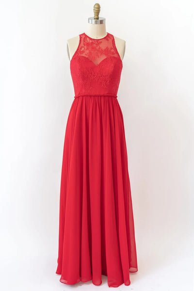 Halter Sleeveless Lace Chiffon Long Red Bridesmaid Dress 