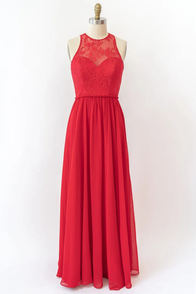 Halter Sleeveless Lace Chiffon Long Red Bridesmaid Dress