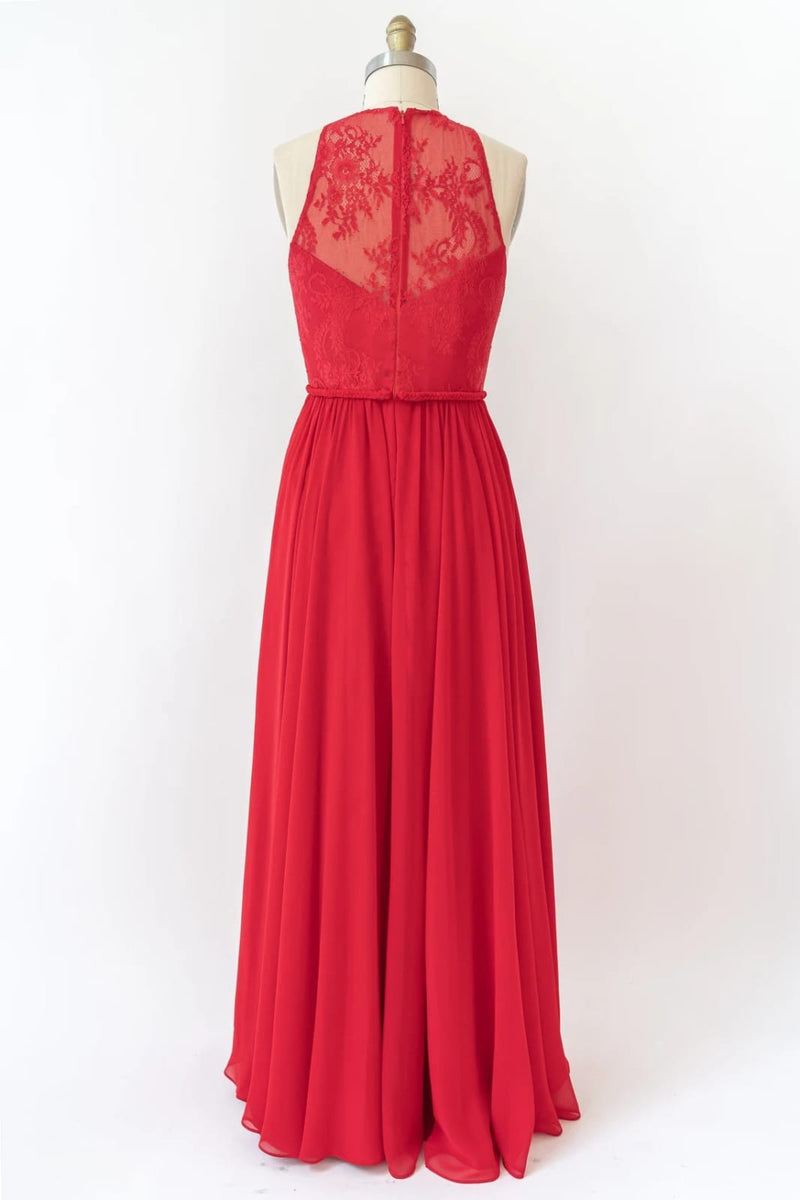 Halter Sleeveless Lace Chiffon Long Red Bridesmaid Dress, Braided Belt Halter Sleeveless Lace Chiffon Long Red Bridesmaid Dress, Braided Belt