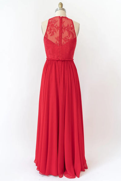 Halter Sleeveless Lace Chiffon Long Red Bridesmaid Dress 